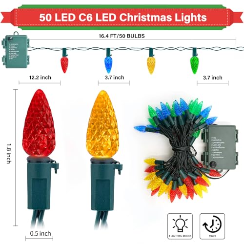 OULISI 50LED C6 Christmas Lights Battery Operated 164FT C6 Christmas Lights Battery Powered with Timer 8 Modes Waterproof for Outdoor Garden Patio Indoor Xmas Tree Bedroom Party MultiColor - Image 3