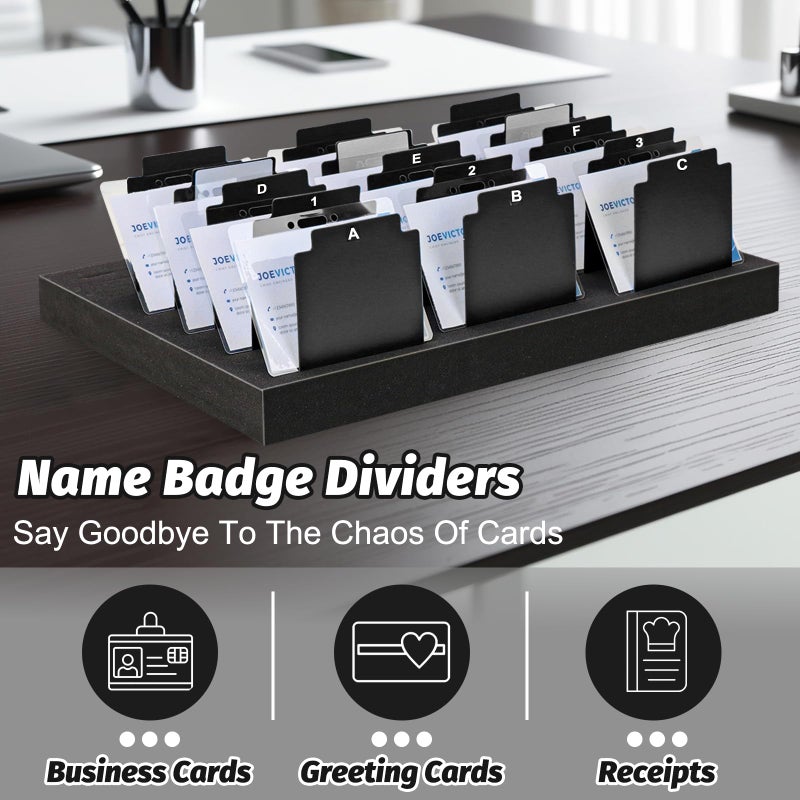 SKLENICE 30 Pcs Black Name Badge Dividers 3" x 4"Trading Card Dividers Plastic with A-Z tab Alphabet Stickers Blank DIY Stickers Recipe Index Cards Tray Index Cards Organizer for Note ID Not Included The Tray - Image 4
