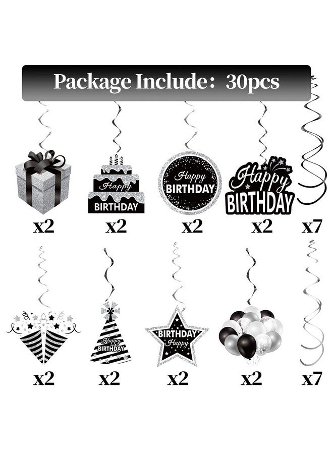 Excelloon 16Pcs Black White Silver Birthday Hanging Swirls Decorations for Women Men, Black White Happy Birthday Foil Swirl Party Supplies, 16th 21st 30th 40th 50th 60th Birthday Ceiling Swirl Sign Decor - Image 2