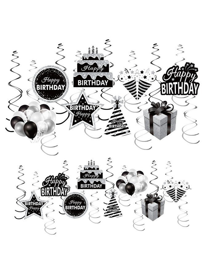 Excelloon 16Pcs Black White Silver Birthday Hanging Swirls Decorations for Women Men, Black White Happy Birthday Foil Swirl Party Supplies, 16th 21st 30th 40th 50th 60th Birthday Ceiling Swirl Sign Decor - Image 1