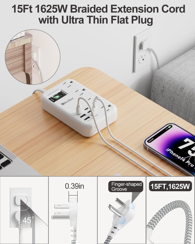 Beeiker 6 USB(2 USB C) Surge Protector Power Strip- 15 Ft Extension Cord with 6 USB Charging Station and 4 Outlets, Flat Plug Long Braided Extension Cord with Multiple Outlets Wall Mount for Home Office Dorm - Image 3