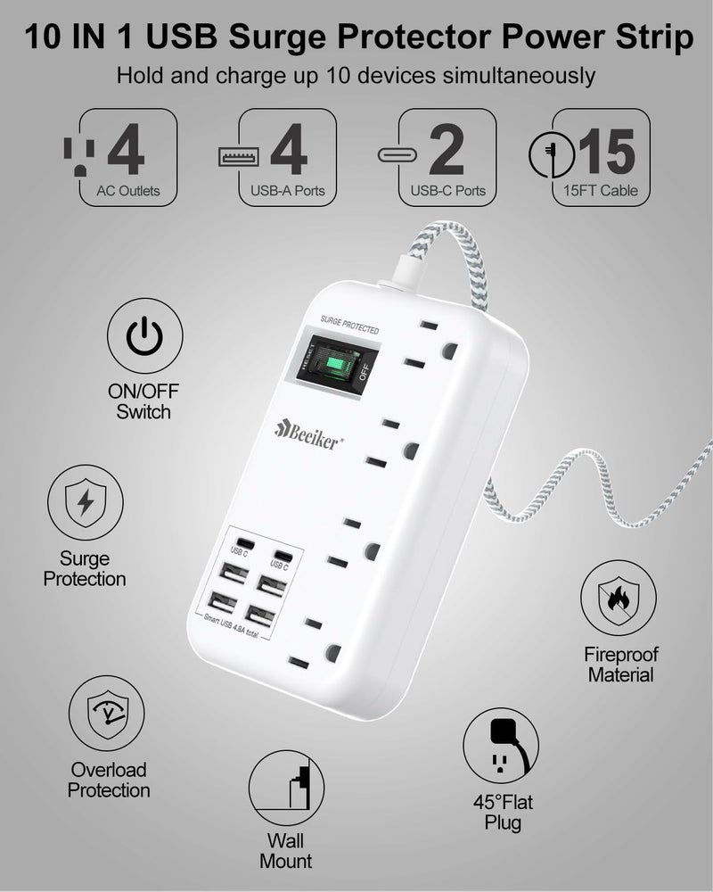 Beeiker 6 USB(2 USB C) Surge Protector Power Strip- 15 Ft Extension Cord with 6 USB Charging Station and 4 Outlets, Flat Plug Long Braided Extension Cord with Multiple Outlets Wall Mount for Home Office Dorm - Image 4