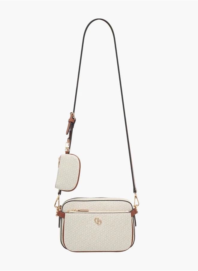 سيليست Monogram Print Crossbody Bag with Detachable Pouch and Adjustable Strap