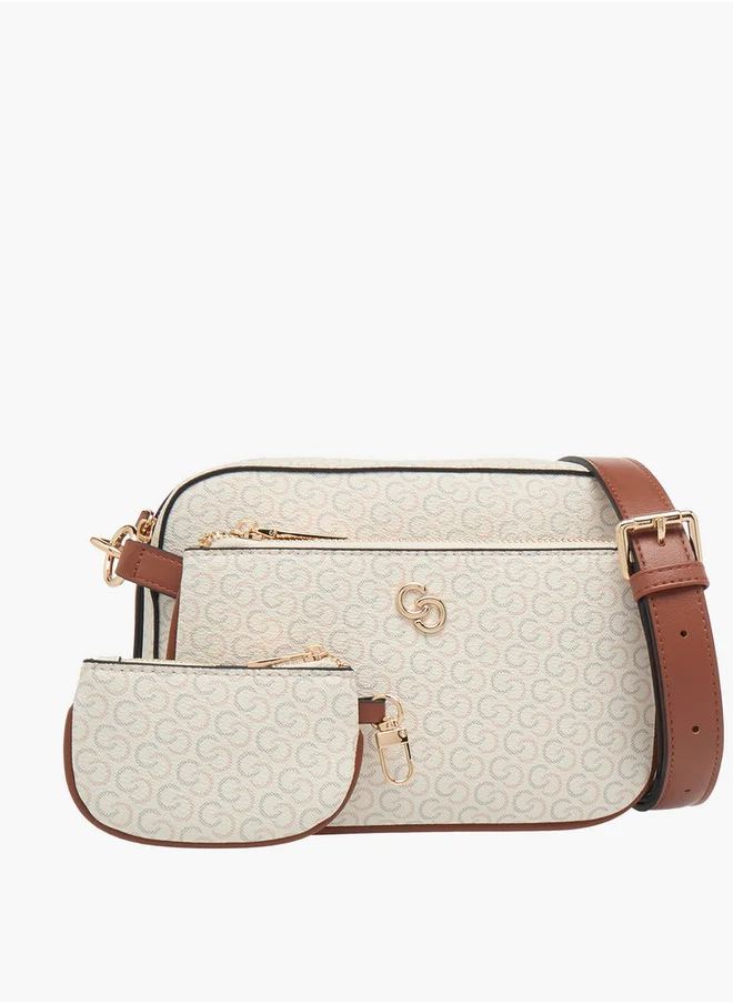 سيليست Monogram Print Crossbody Bag with Detachable Pouch and Adjustable Strap