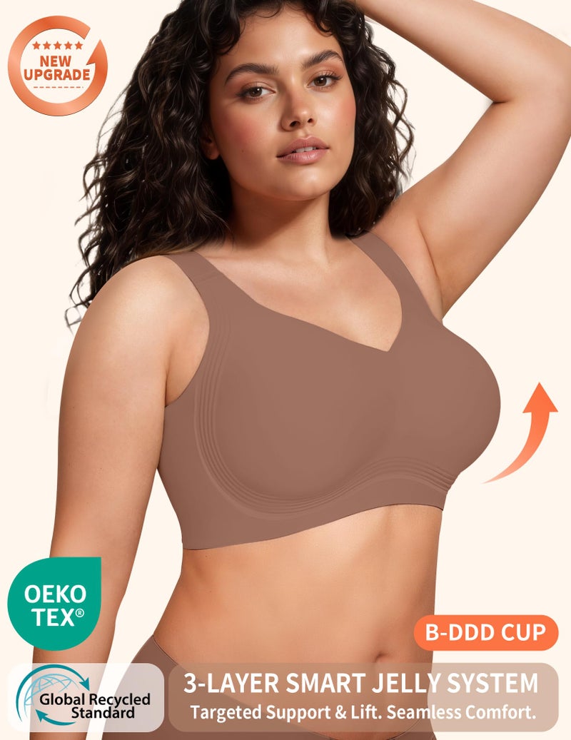 PoseFree Wireless Bras for Women Full Coverage Bra Full Support and Lift No Underwire Back Smoothing Bralette Everyday Bra (Coffee,L) - Image 2