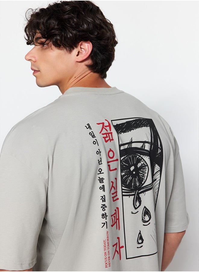 trendyol Grey Oversize/Wide Cut 100% Cotton Anime Printed T-Shirt  - Image 4