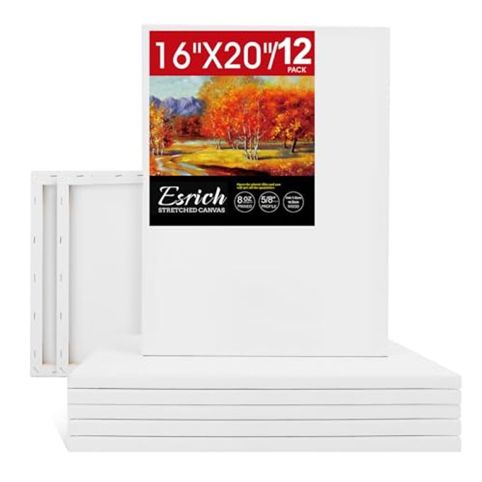 ESRICH Stretched Canvas for Painting 16x20 Inch, 12Pack Large Canvas for Painting, Primed Acid-Free Cotton Blank Canvases, Art Paint Canvases for Oil Paint,Watercolor,Acrylic Paint,Gouache and Tempera - Image 1