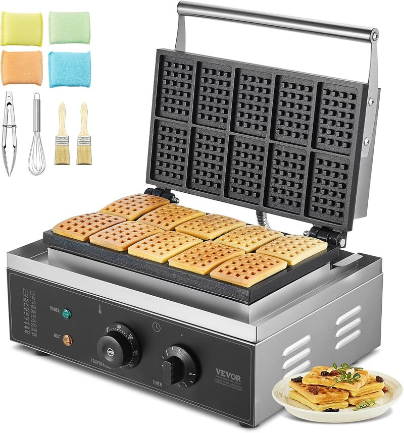 VEVOR Commercial Waffle Maker, 10PCS Rectangle Waffle Baker Machine, 1550W Non-Stick Stainless Steel Belgian Waffle Iron with Temp and Time Control, Handle, for Restaurant Bakery Snack Bar Family - Image 1