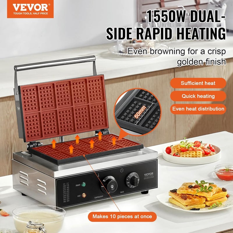 VEVOR Commercial Waffle Maker, 10PCS Rectangle Waffle Baker Machine, 1550W Non-Stick Stainless Steel Belgian Waffle Iron with Temp and Time Control, Handle, for Restaurant Bakery Snack Bar Family - Image 2