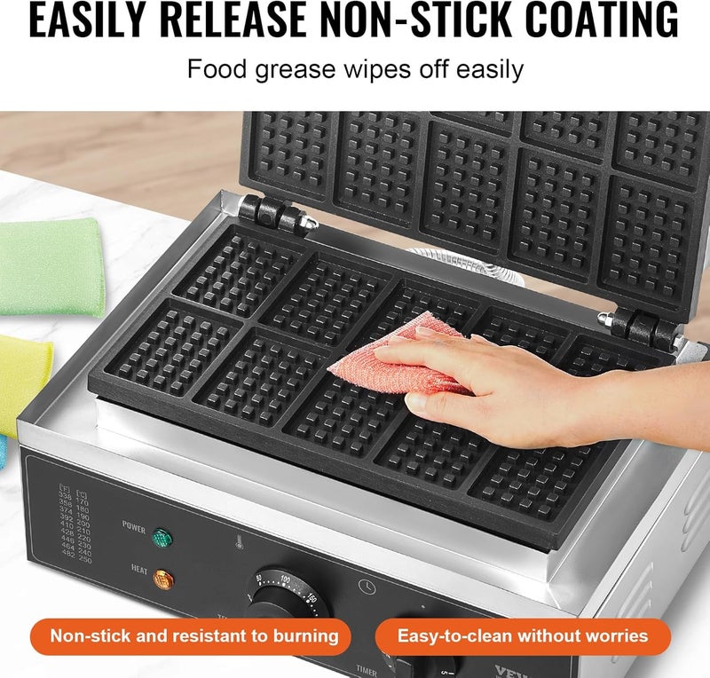 VEVOR Commercial Waffle Maker, 10PCS Rectangle Waffle Baker Machine, 1550W Non-Stick Stainless Steel Belgian Waffle Iron with Temp and Time Control, Handle, for Restaurant Bakery Snack Bar Family - Image 4