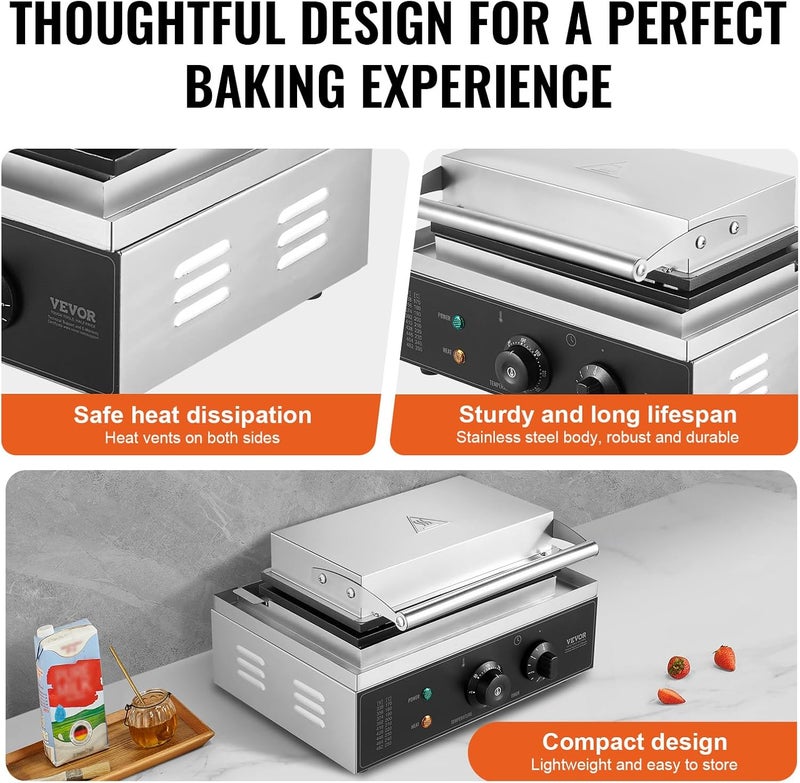 VEVOR Commercial Waffle Maker, 10PCS Rectangle Waffle Baker Machine, 1550W Non-Stick Stainless Steel Belgian Waffle Iron with Temp and Time Control, Handle, for Restaurant Bakery Snack Bar Family - Image 5