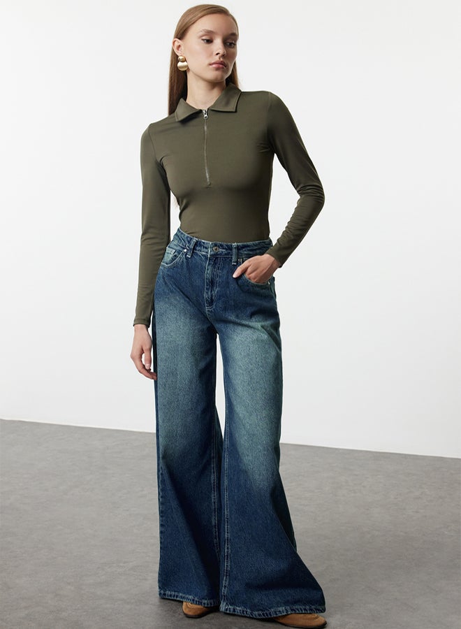 trendyol Flexible KHaki Knitted Body - Zipper Collar, Snap - Image 2