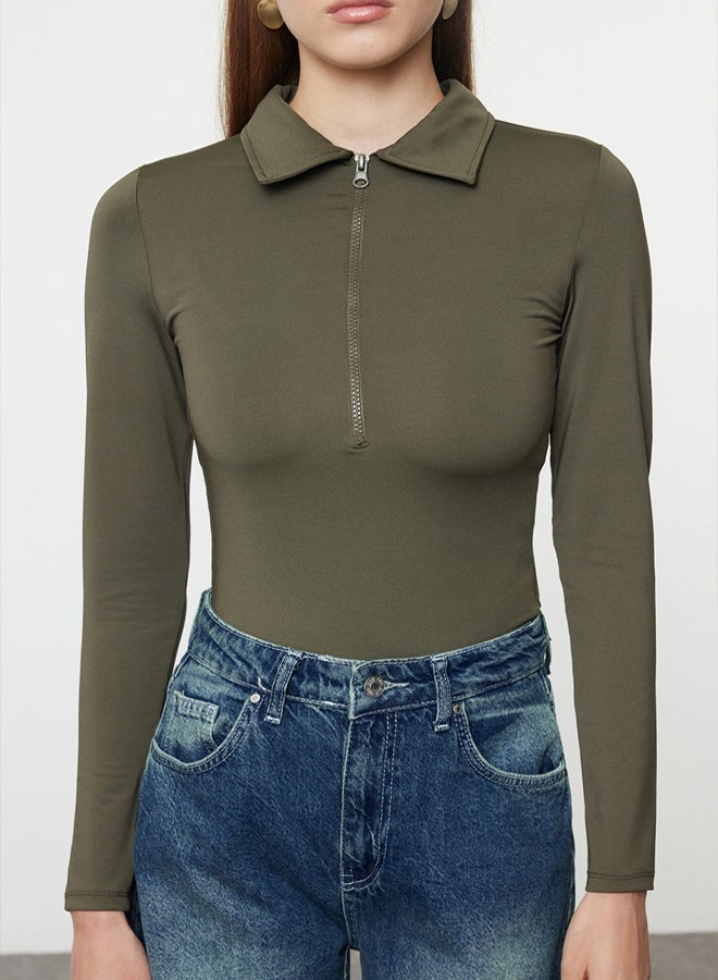 trendyol Flexible KHaki Knitted Body - Zipper Collar, Snap - Image 3