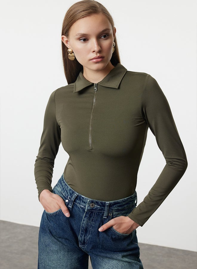 trendyol Flexible KHaki Knitted Body - Zipper Collar, Snap - Image 1