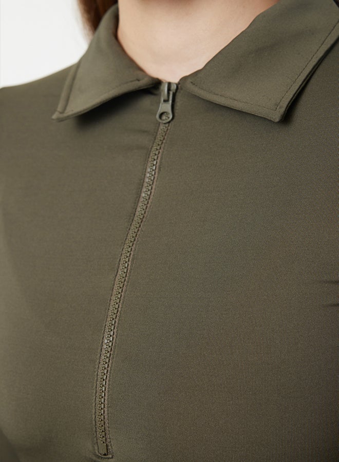 trendyol Flexible KHaki Knitted Body - Zipper Collar, Snap - Image 4