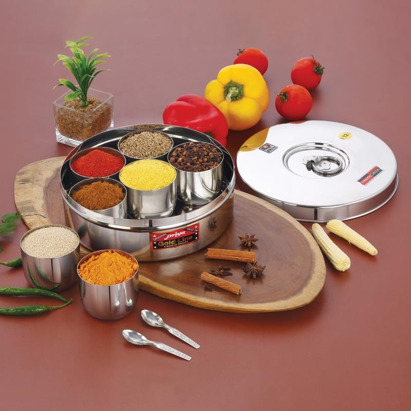 Priya Stainless Steel Masala (Spice) Box/Dabba/Organizer – 2000ml, Steel Lid, 7 Containers, Large Size, Small Spoon, Airtight, Rust-Resistant, Durable Storage for Spices, Herbs, Seasonings - Image 4