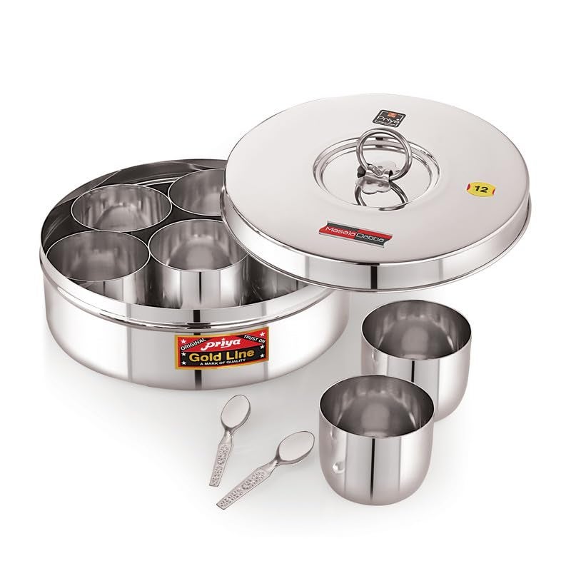 Priya Stainless Steel Masala (Spice) Box/Dabba/Organizer – 2000ml, Steel Lid, 7 Containers, Large Size, Small Spoon, Airtight, Rust-Resistant, Durable Storage for Spices, Herbs, Seasonings - Image 3