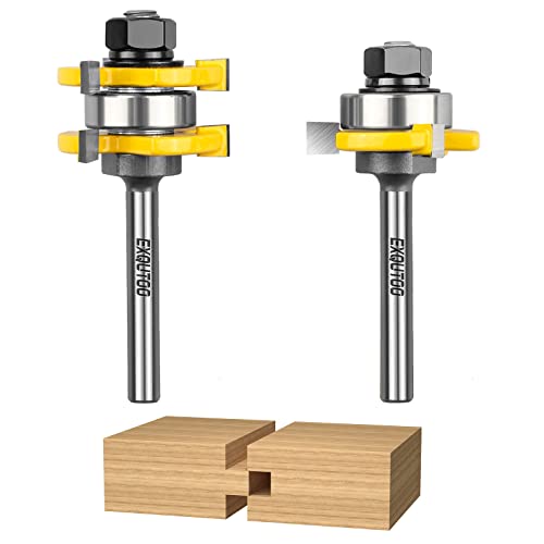 Exqutoo 2 Pieces 3 Teeth T Shape Tongue and Groove Router Bit Set 1/4 Inch Shank, Slot depth 1/4", Slot height 1/4",Shelves & Cabinet,Woodworking Tools (1/4 Shank) - Image 1