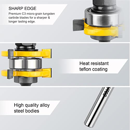 Exqutoo 2 Pieces 3 Teeth T Shape Tongue and Groove Router Bit Set 1/4 Inch Shank, Slot depth 1/4", Slot height 1/4",Shelves & Cabinet,Woodworking Tools (1/4 Shank) - Image 4