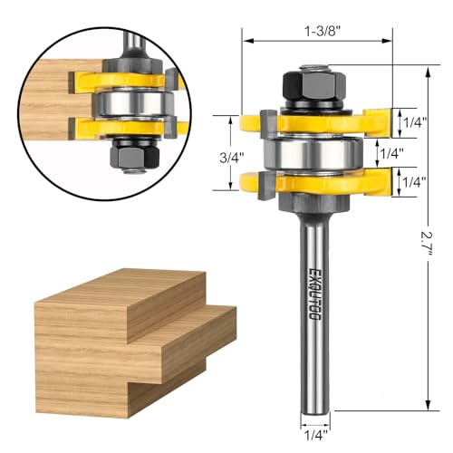 Exqutoo 2 Pieces 3 Teeth T Shape Tongue and Groove Router Bit Set 1/4 Inch Shank, Slot depth 1/4", Slot height 1/4",Shelves & Cabinet,Woodworking Tools (1/4 Shank) - Image 3