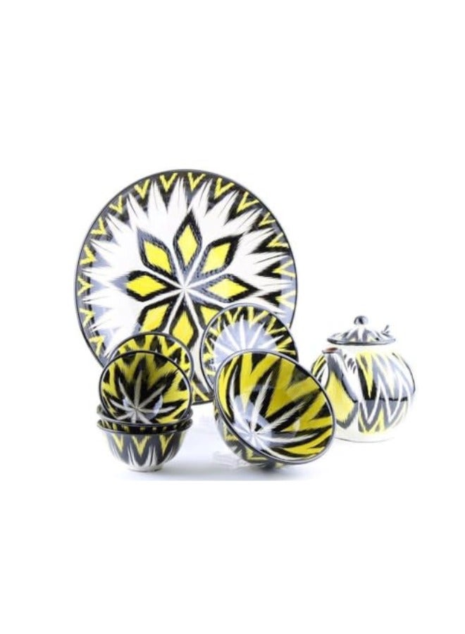 السيد پی مجموعة الشاي والعشاء المصنوعة يدويًا من الطين الأوزبكي الجميل من AlsayedP، إبريق شاي مع أكواب فخار أوزبكستان متعدد الألوان، مجموعة كاوا/ كاهوا العربية التقليدية (طقم شاي أصفر، 11 قطعة)