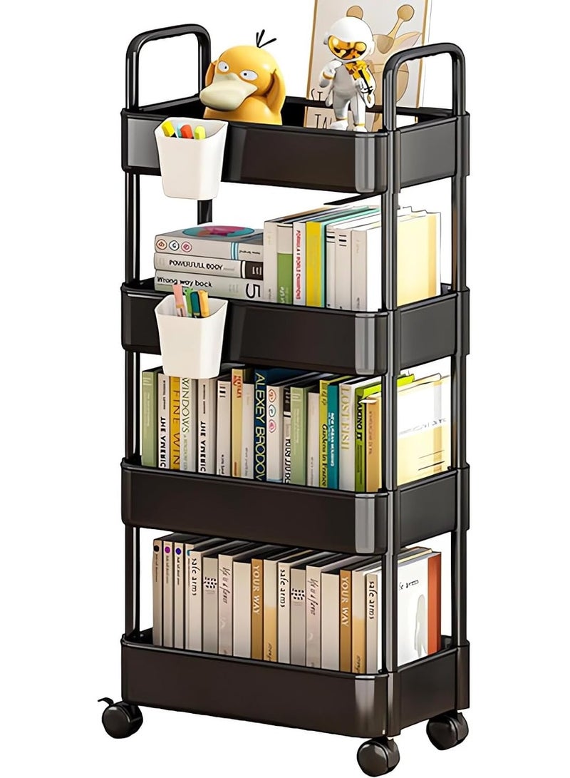 4 Tier Plastic Storage Cart Shelf Bathroom Shelf Rolling Clutter Cart Gusseted Storage Rack with Wheels for Office Living Room Kitchen Bathroom Storage Racks Black