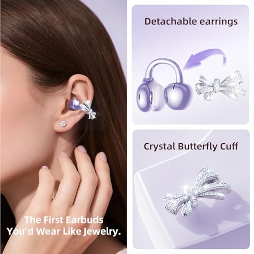 Kinglucky Stylish Open-Ear Clip-On Earbuds with Jewelry Bow Earrings, Lightweight & Comfortable Fit, Fashionable Open-Ear Buds Headphones for Women, Ideal for Work, Running, and Daily Wear Purple - Image 2