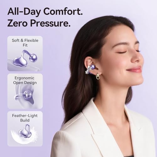 Kinglucky Stylish Open-Ear Clip-On Earbuds with Jewelry Bow Earrings, Lightweight & Comfortable Fit, Fashionable Open-Ear Buds Headphones for Women, Ideal for Work, Running, and Daily Wear Purple - Image 3