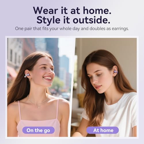 Kinglucky Stylish Open-Ear Clip-On Earbuds with Jewelry Bow Earrings, Lightweight & Comfortable Fit, Fashionable Open-Ear Buds Headphones for Women, Ideal for Work, Running, and Daily Wear Purple - Image 5