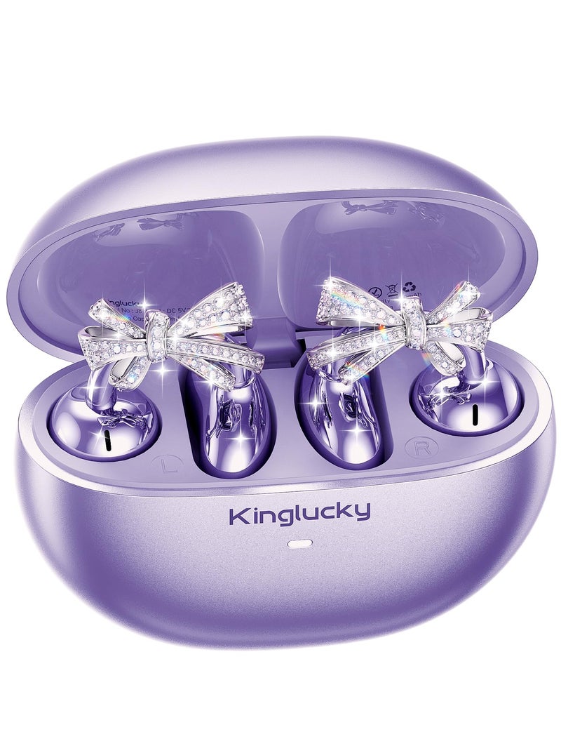 Kinglucky Stylish Open-Ear Clip-On Earbuds with Jewelry Bow Earrings, Lightweight & Comfortable Fit, Fashionable Open-Ear Buds Headphones for Women, Ideal for Work, Running, and Daily Wear Purple - Image 1