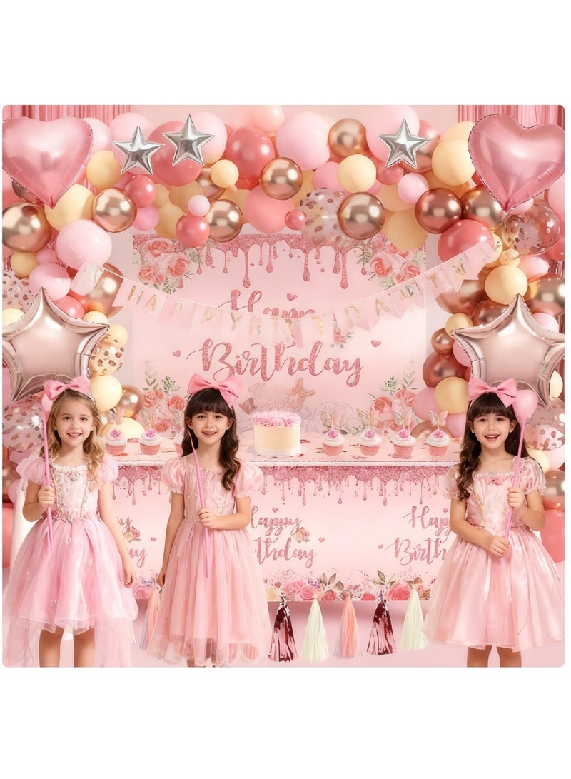 عالم البالونات مجموعة زينة حفلات أعياد الميلاد باللون الذهبي الوردي، مستلزمات حفلات أعياد الميلاد باللون الوردي، مناسبة للفتيات والنساء. - Image 4