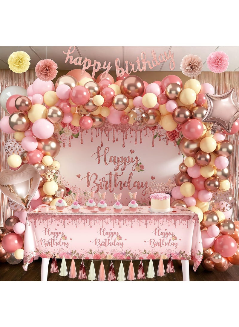 عالم البالونات مجموعة زينة حفلات أعياد الميلاد باللون الذهبي الوردي، مستلزمات حفلات أعياد الميلاد باللون الوردي، مناسبة للفتيات والنساء. - Image 1