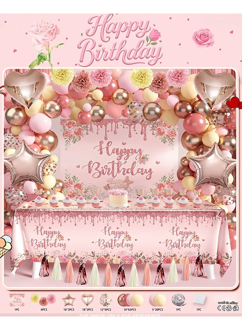 عالم البالونات مجموعة زينة حفلات أعياد الميلاد باللون الذهبي الوردي، مستلزمات حفلات أعياد الميلاد باللون الوردي، مناسبة للفتيات والنساء. - Image 2
