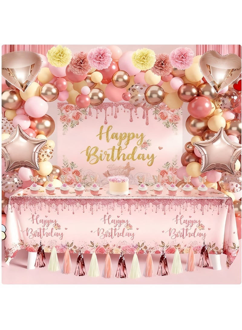 عالم البالونات مجموعة زينة حفلات أعياد الميلاد باللون الذهبي الوردي، مستلزمات حفلات أعياد الميلاد باللون الوردي، مناسبة للفتيات والنساء. - Image 3