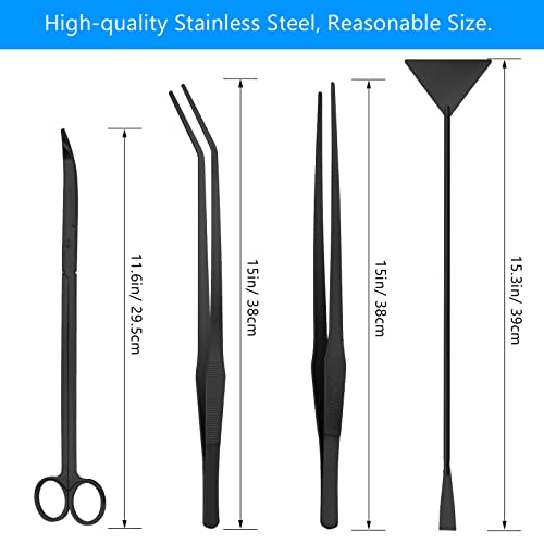 Liveek Aquarium Aquascape Tools Kit 15in, 4 in 1 Anti-Rust Aquatic Plant Aquascaping Tool Stainless Steel Tweezer Scissor Spatula for Aquarium Tank Clean Fish Tank Aquascape Accessories Set (black) - Image 2