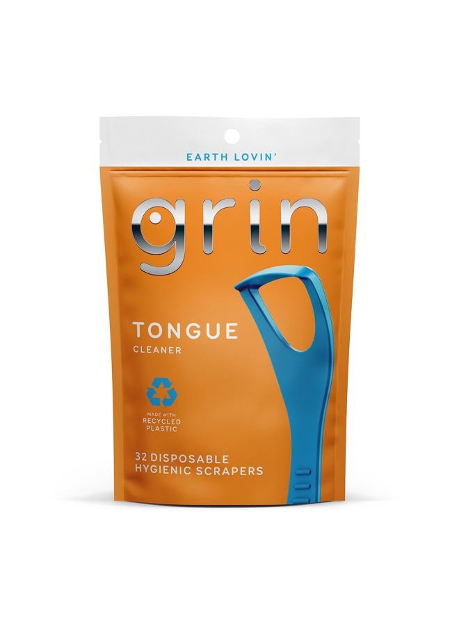 GRIN Tongue Cleaner, 32 Count, Disposable Tongue Cleaner, Hygienic Scraper, Recycled Plastic, Clean Tongue, Promote Fresh Breath, Includes Safe Fold- Back Tooth Pick - Image 1