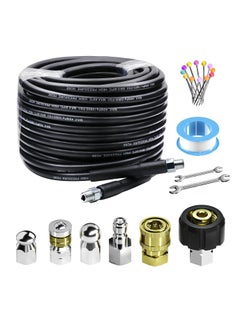 Sewer Jetter Kit, 50FT for Pressure Washer, 5800PSI Drain Cleaner Hose, 1/4 Inch NPT Corner Rotating and Button Nose Sewer Jetting Nozzle Spanner Waterproof Tape Quick Connect Set