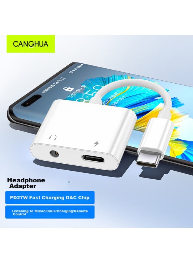 CangHua محول سماعة رأس Canghua، محول من Type-c إلى 3.5mm، شحن سريع 27w، ثنائي الوظيفة للاستماع والمكالمات، متوافق مع هواتف Huawei و Xiaomi و Redmi و Honor - Image 1