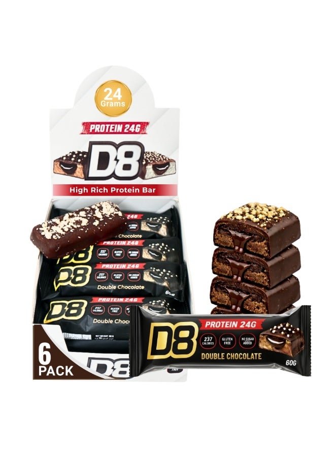 D8 Protein Double Chocolate Bar | 24g Protein Per Bar | No Added Sugar, Gluten Free, Low Calorie | 60g Nutrition Bar for Men & Women | Pack of 6 - Image 1