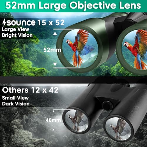 Sounce 15x52 Binoculars for Long Distance | HD Binocular for Adults | IPX7 Waterproof Fog Proof | BAK4 Prism FMC Lens | Bird Watching Wildlife Safari Stargazing Hunting | Durbin with Pouch (Black) - Image 3