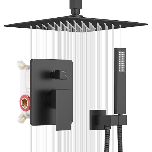 ESNBIA Shower System Black, All Metal Ceiling Shower Faucet Set with Pressure Balance Valve Kit,10" Rain Heads with Handheld Spray Combo, Matte Black - Image 1