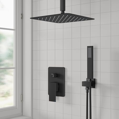 ESNBIA Shower System Black, All Metal Ceiling Shower Faucet Set with Pressure Balance Valve Kit,10" Rain Heads with Handheld Spray Combo, Matte Black - Image 3