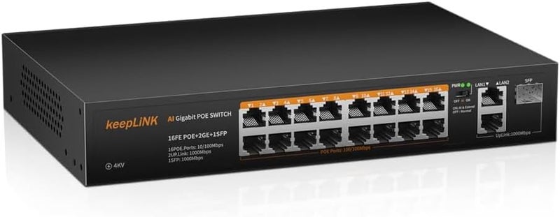 keepLiNK محول PoE مع 16 منفذ PoE + 2 منفذ جيجابت للرفع، 1 × 1.25G SFP، 802.3af/at PoE+ 100 ميجابت في الثانية، طاقة مدمجة 240 واط، تمديد حتى 250 متر، معدني، توصيل وتشغيل غير مُدار - Image 1