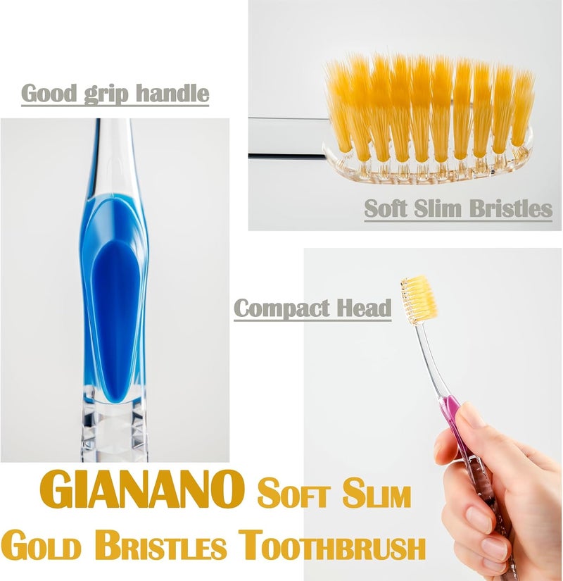 GIANANO Soft Slim Gold Bristles Toothbrush for Sensitive Gums - Ultra Soft Slim Bristles, Compact Head, Extra Soft toothbrushes for Adults / 4-Piece Set (Blue, Green, Pink, Violet) - Image 3