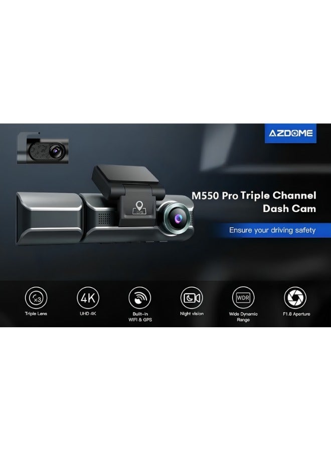 أزدوم ازدوم M550  داش كام ثلاثية القنوات نظام تحديد المواقع واي فاي 5 جيجاهرتز  بطاقة 64 جيجابايت متضمنة، 1440P+1080P+1080P، مزدوج 4K+1080p  3.19 بوصة IPS، رؤية ليلية - Image 5