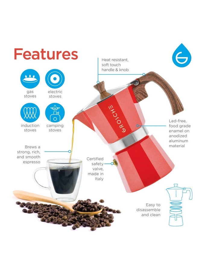 GROSCHE Milano 6 Espresso Cup, 9.3 oz Red Stovetop Espresso Maker - Italian Moka Pot - Image 1