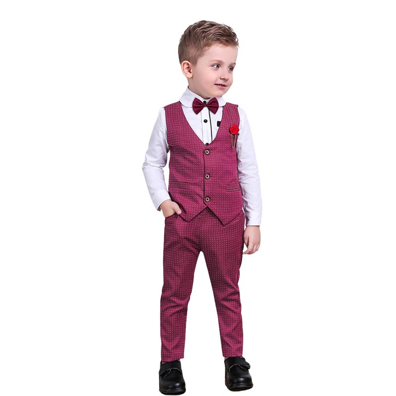 Nwada Boys Suit Set Formal Dress Shirt with Bow Tie, Slim Vest and Pants Toddler Boy Clothes Suits Red - Image 1