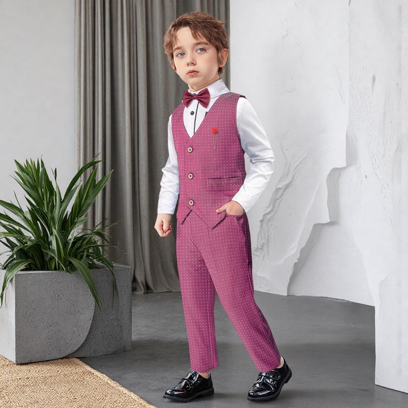 Nwada Boys Suit Set Formal Dress Shirt with Bow Tie, Slim Vest and Pants Toddler Boy Clothes Suits Red - Image 2