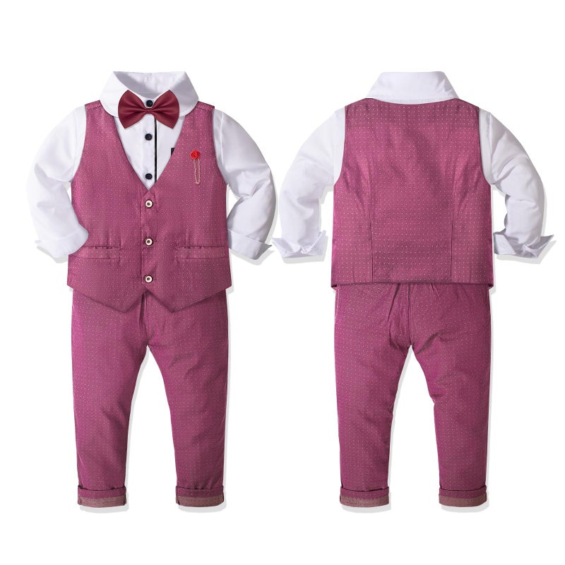 Nwada Boys Suit Set Formal Dress Shirt with Bow Tie, Slim Vest and Pants Toddler Boy Clothes Suits Red - Image 3