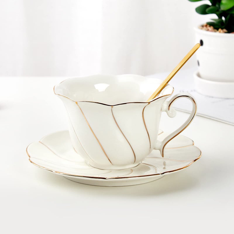 DUJUST Porcelain Tea Cup  Saucer Set Luxury British Style Golden Trim Perfect for Living Room Decoration  Tea Party Includes Tea Spoon